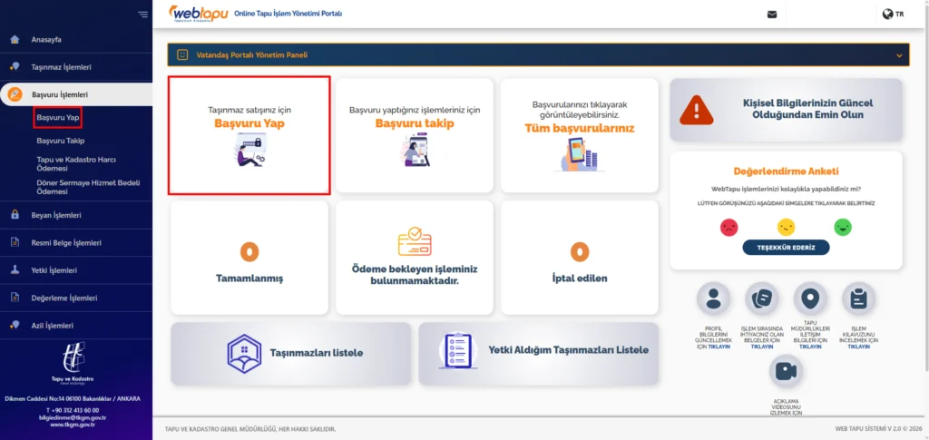 TKGM, Web Tapu, webtapu, Web Tapu'dan Kat İrtifakı ve Kat Mülkiyeti Randevusu Alma, Kat İrtifakı ve Kat Mülkiyeti Tesisi için Başvuru Yapma